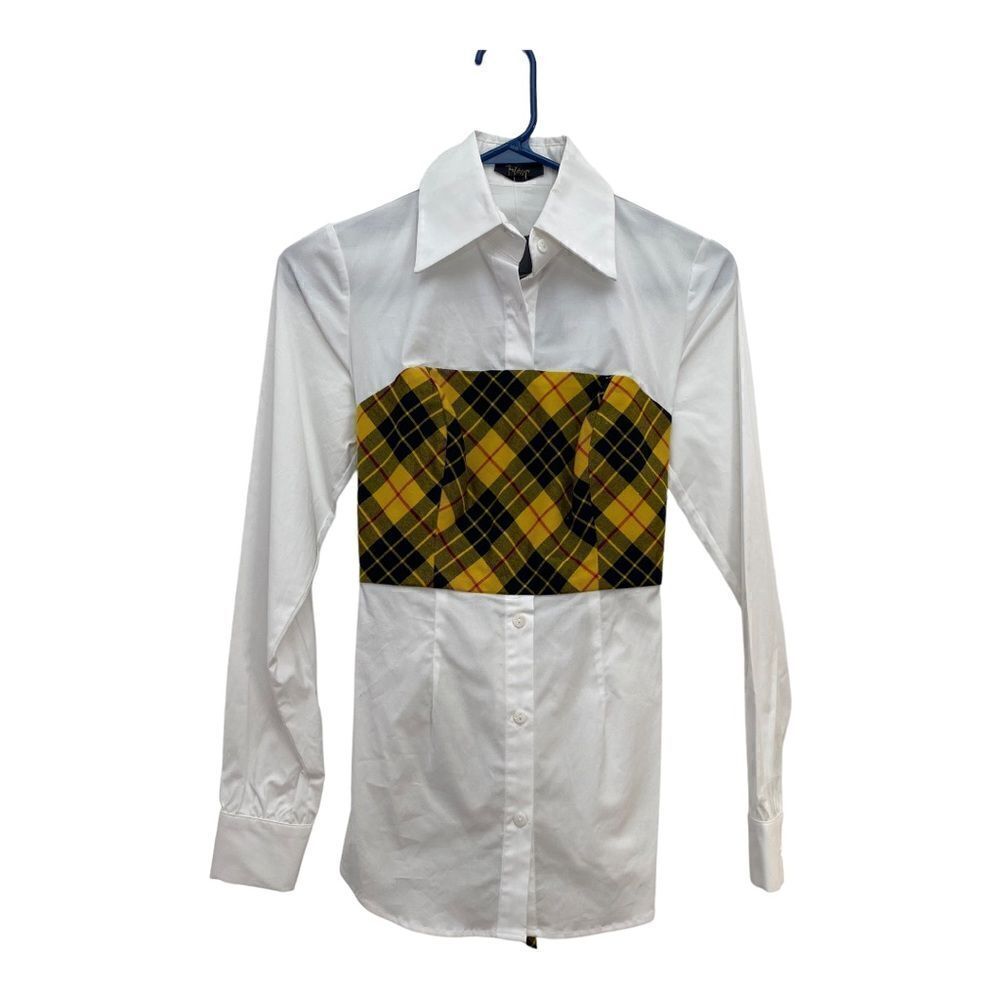 Petersyn Monroe Tartan Tie Back Button Down Shirt Women's XS White Yellow NWT